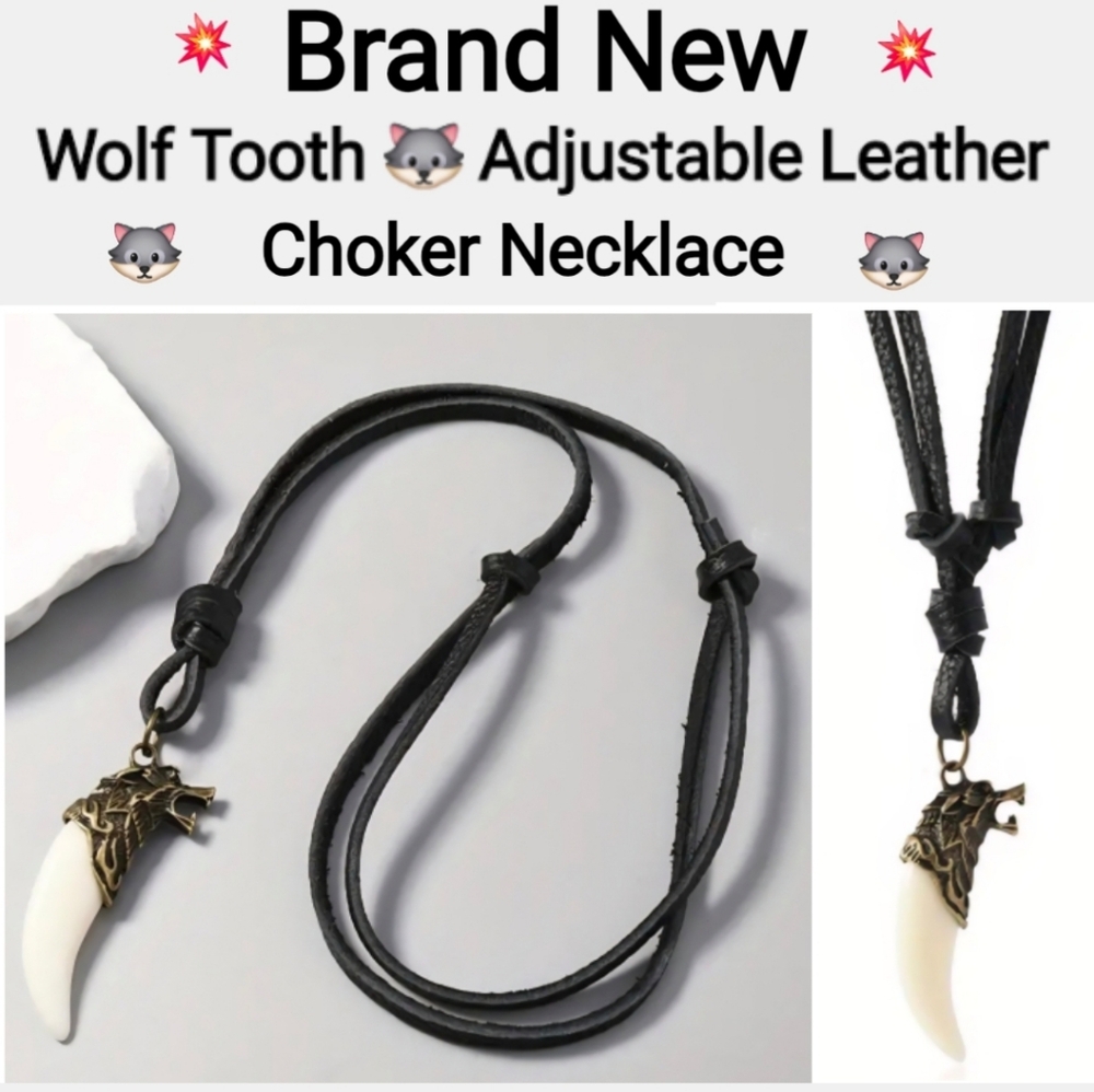 Wolf Tooth Pendant With Adjustable Leather Choker - Black and White